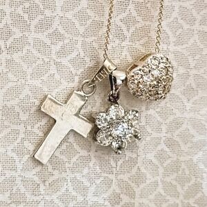 Silver 925 Young Girl 3 Pendants Pave Heart Cross Flower 14" Italy Chain